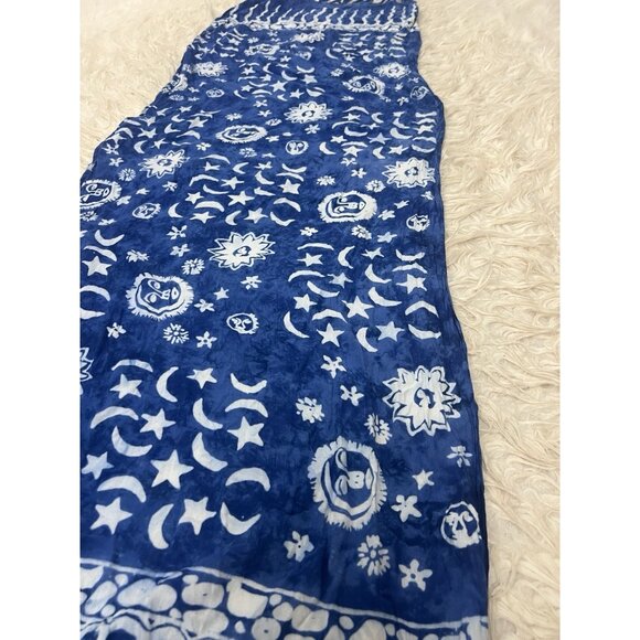 Vintage 90s Celestial Sun & Moon Blue Swim Cover Up Sarong 19”x 62”Fringe Hawaii - Picture 7 of 10